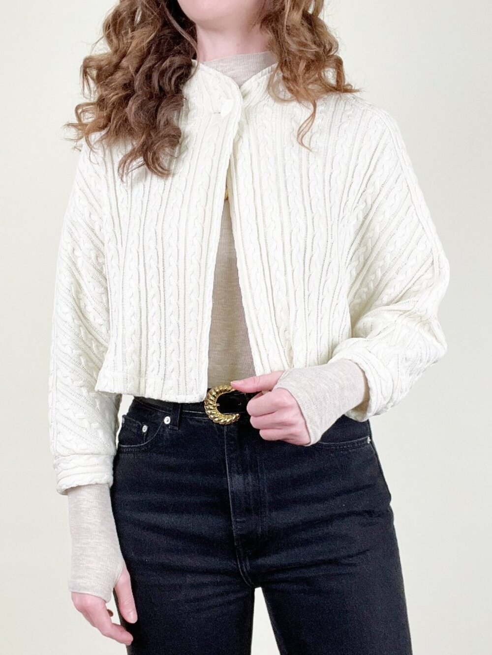 Vintage Cable Knit Cape Cardigan Sweater Cropped Shawl Wrap Crop Minimalist 90s